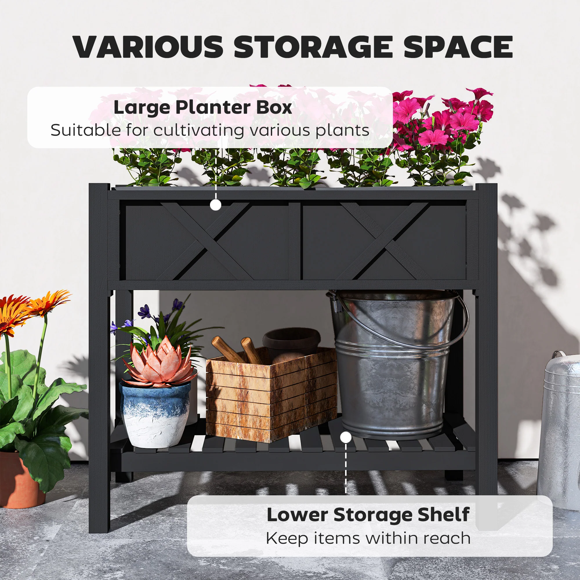 Wooden Raised Garden Bed with Storage Shelf, Drainage Holes and Liner, 34" x 18" x 30",Black - Image 6