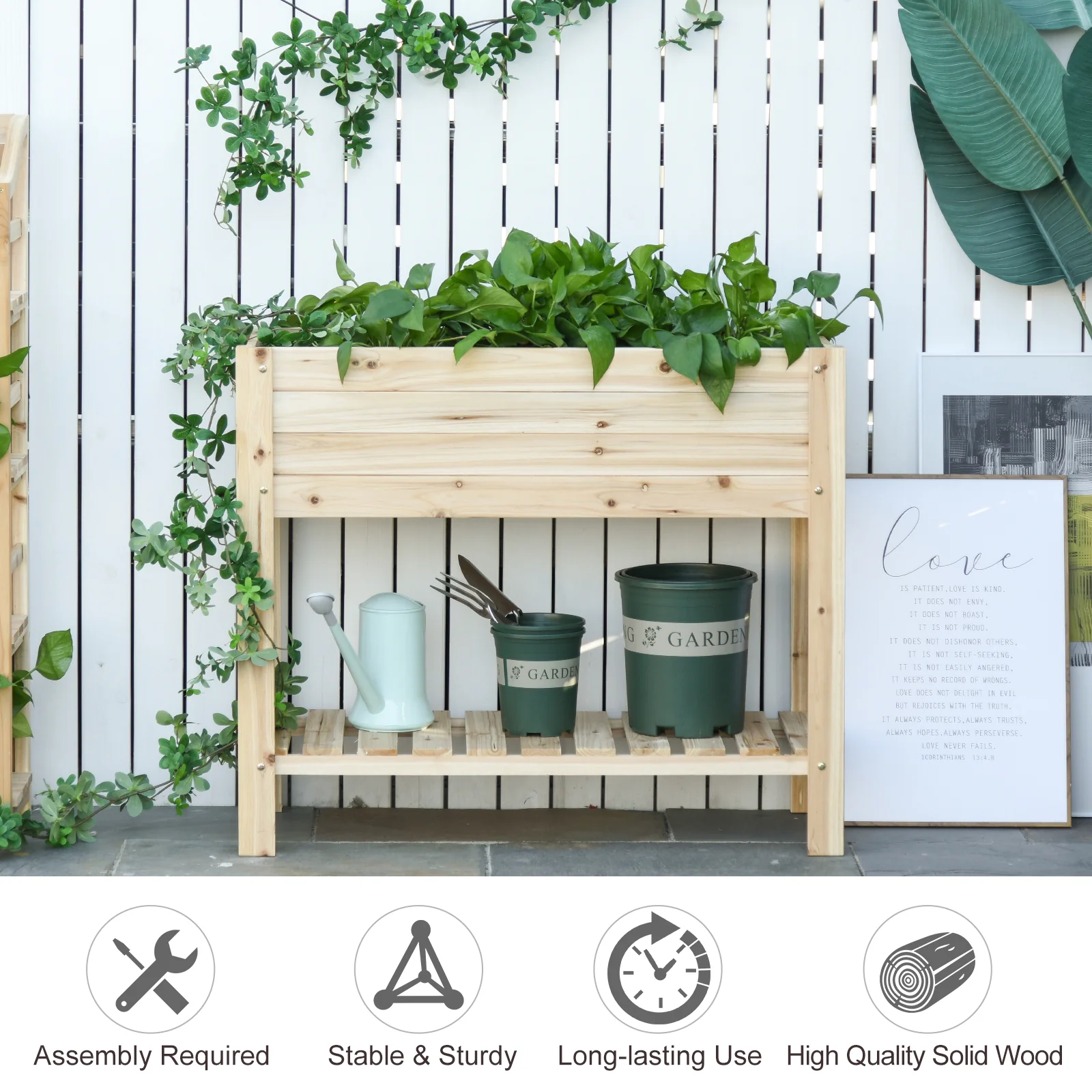 Wooden Raised Planter with Plantting Box & Bottom Shelf, Nature Wood Color - Image 6