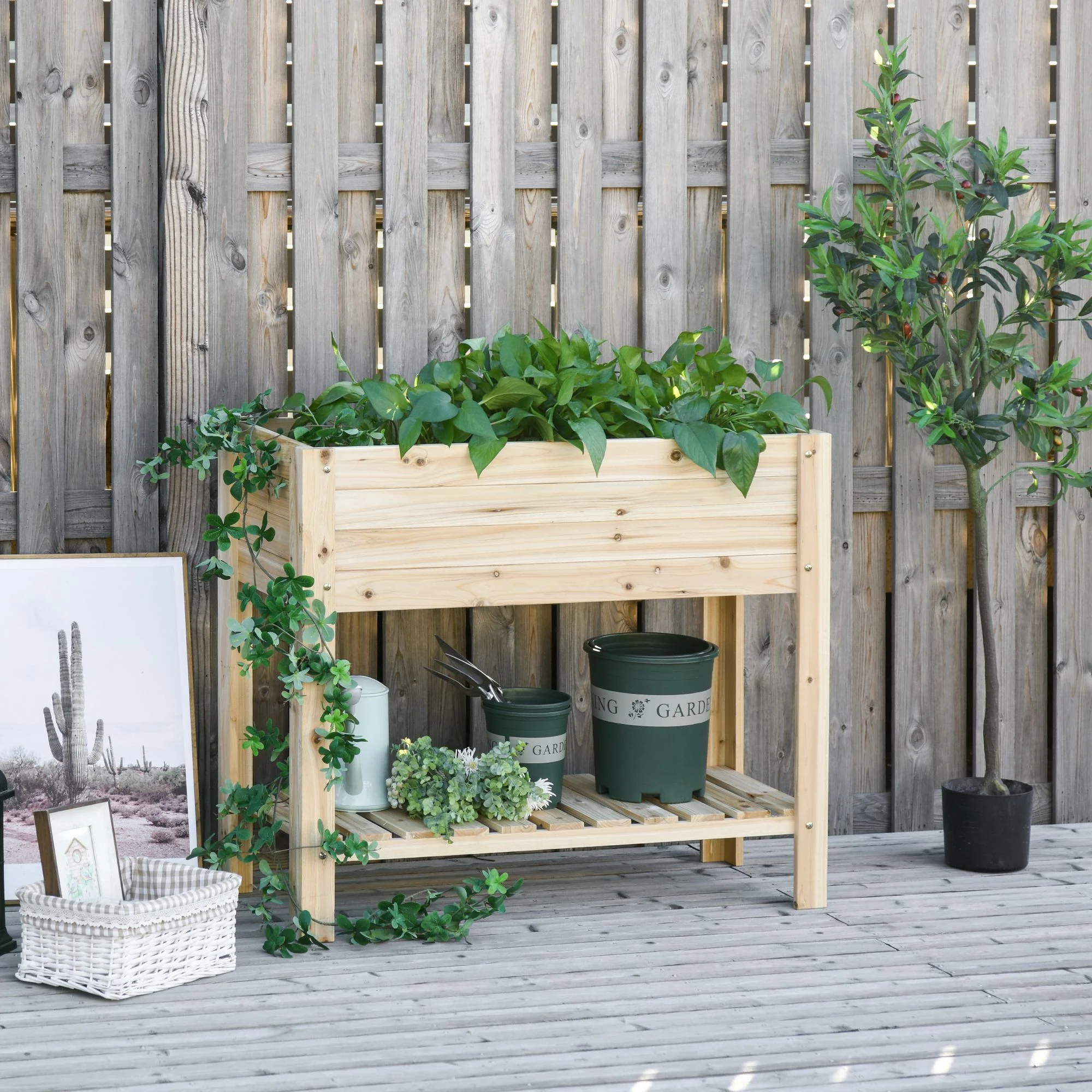 40" x 16" x 33" Wooden Raised Garden Bed with Storage Shelf, Natural - Image 3
