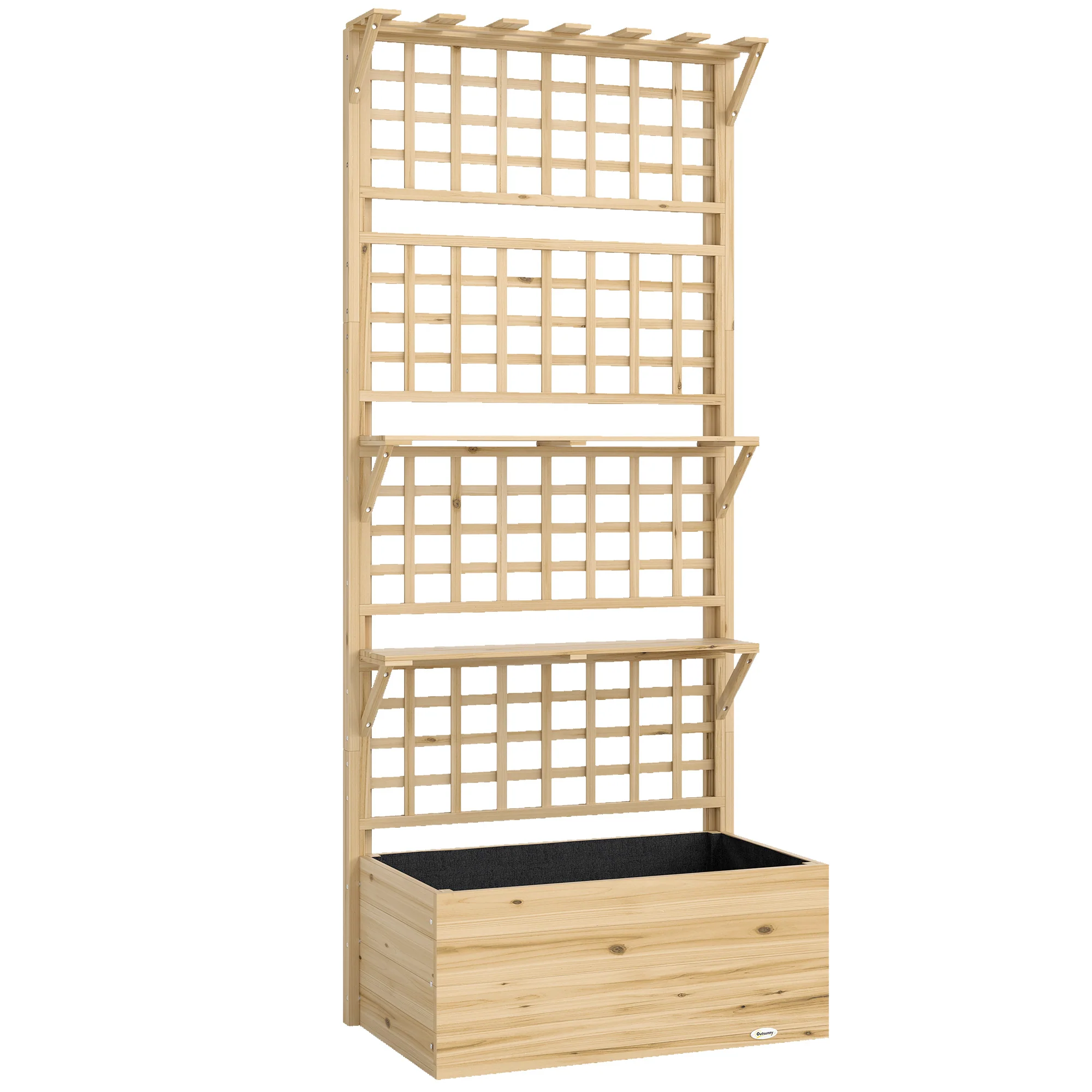 Wooden Raised Garden Bed with Trellis and Roof, Elevated Outdoor Planter Box with 2 Shelves, Drainage Hole and Liner for Climbing Plants Vegetables Flowers, Natural - Image 12