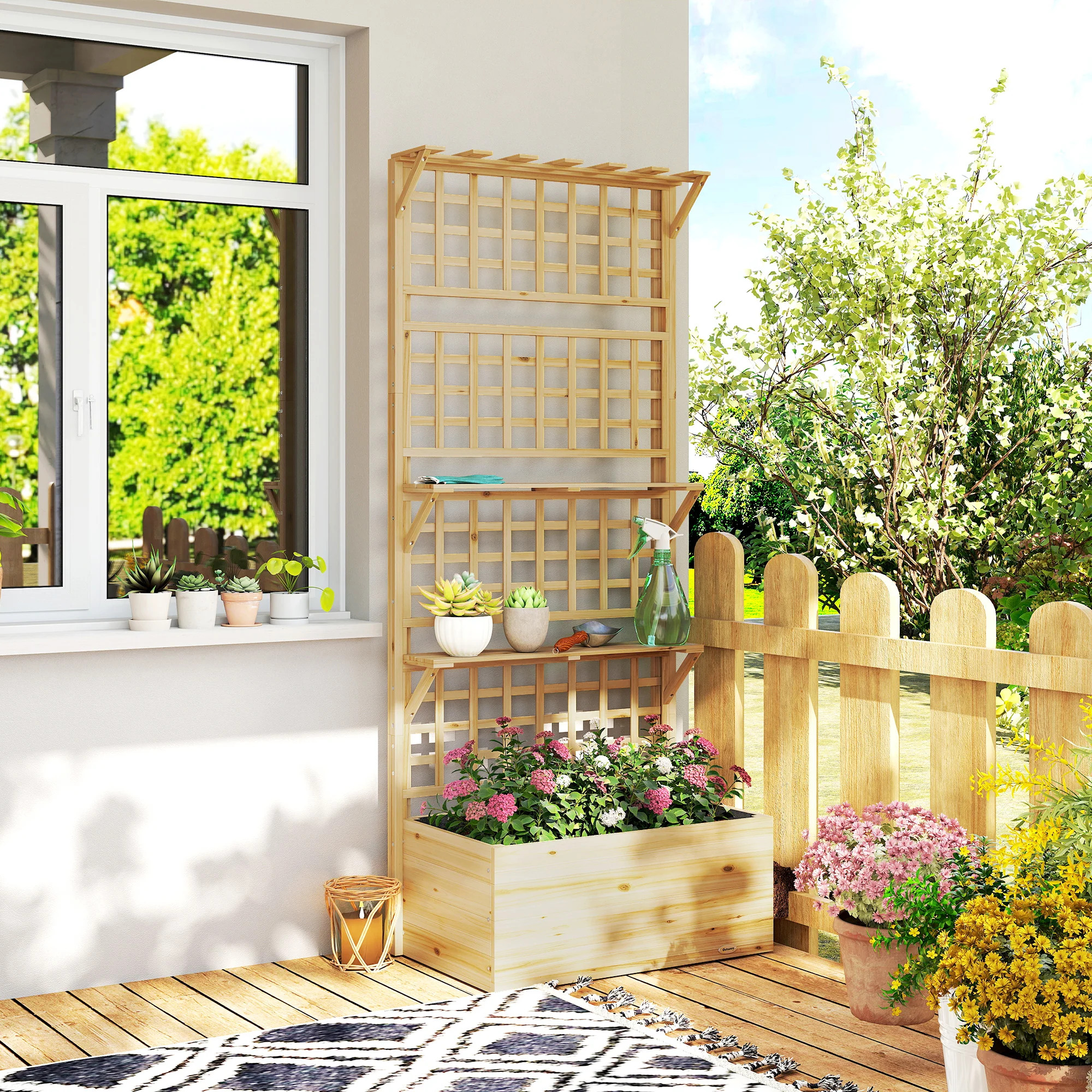 Wooden Raised Garden Bed with Trellis and Roof, Elevated Outdoor Planter Box with 2 Shelves, Drainage Hole and Liner for Climbing Plants Vegetables Flowers, Natural - Image 4