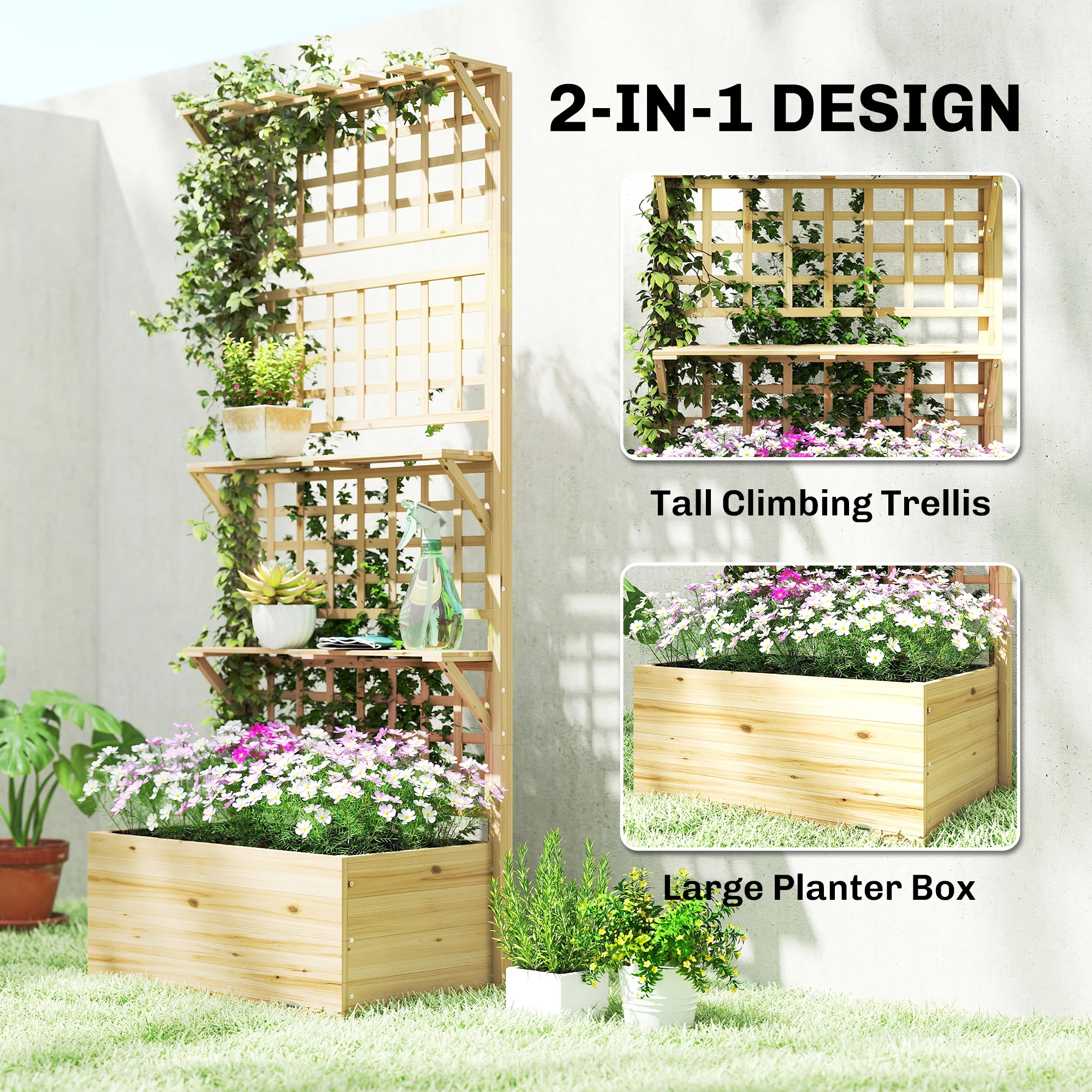Wooden Raised Garden Bed with Trellis and Roof, Elevated Outdoor Planter Box with 2 Shelves, Drainage Hole and Liner for Climbing Plants Vegetables Flowers, Natural - Image 6