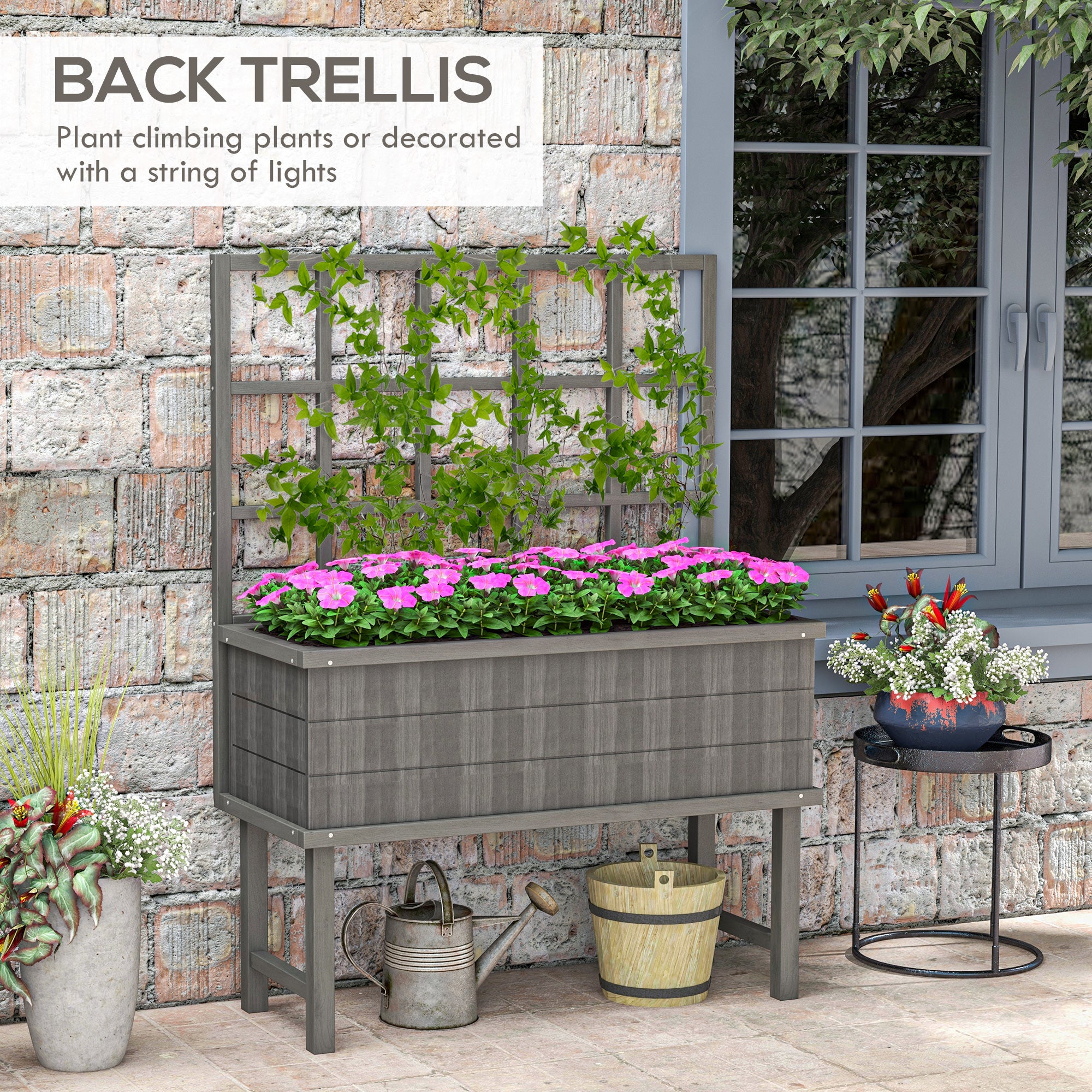 Wooden Raised Garden Bed with Trellis for Vine Climbing Plants, 105 x 45 x 140cm, Grey - Image 6