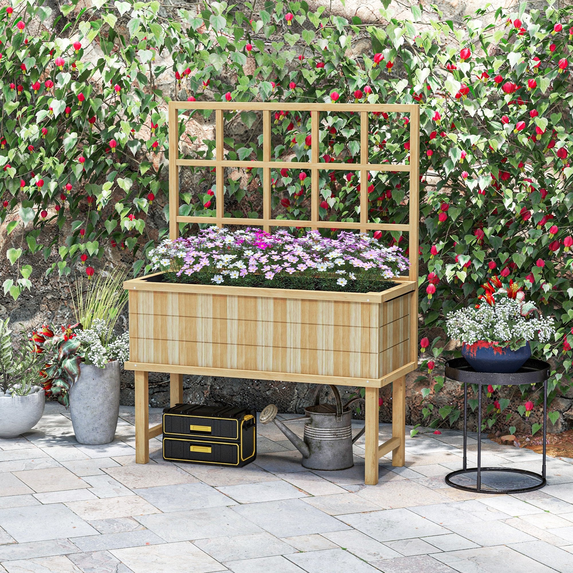 Wooden Raised Garden Bed with Trellis for Vine Climbing Plants, 105 x 45 x 140cm, Natural - Image 4