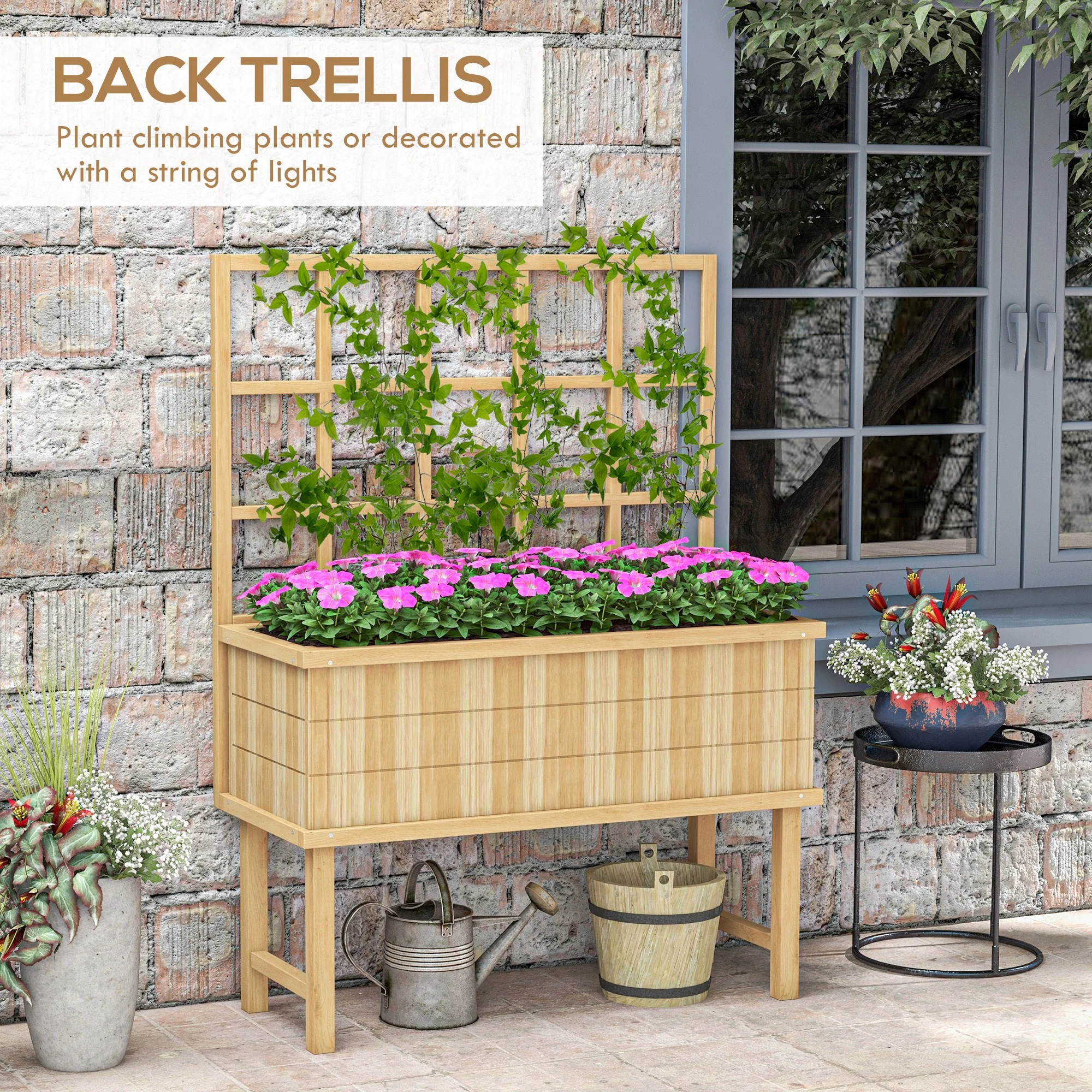 Wooden Raised Garden Bed with Trellis for Vine Climbing Plants, 105 x 45 x 140cm, Natural - Image 6