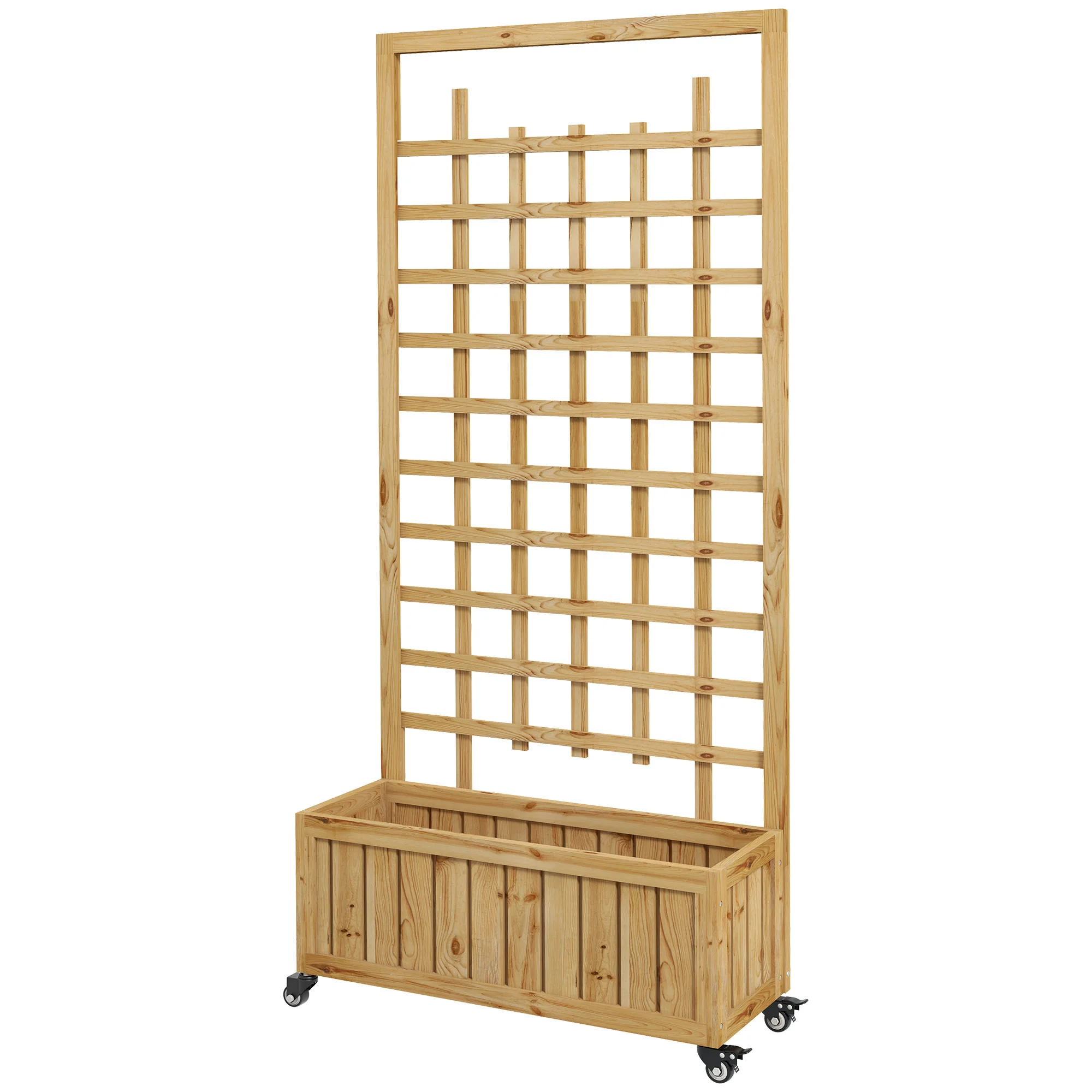 Wooden Trellis Planter with Wheels and Drainage Holes for Garden, Patio, Deck, Natural - Image 2