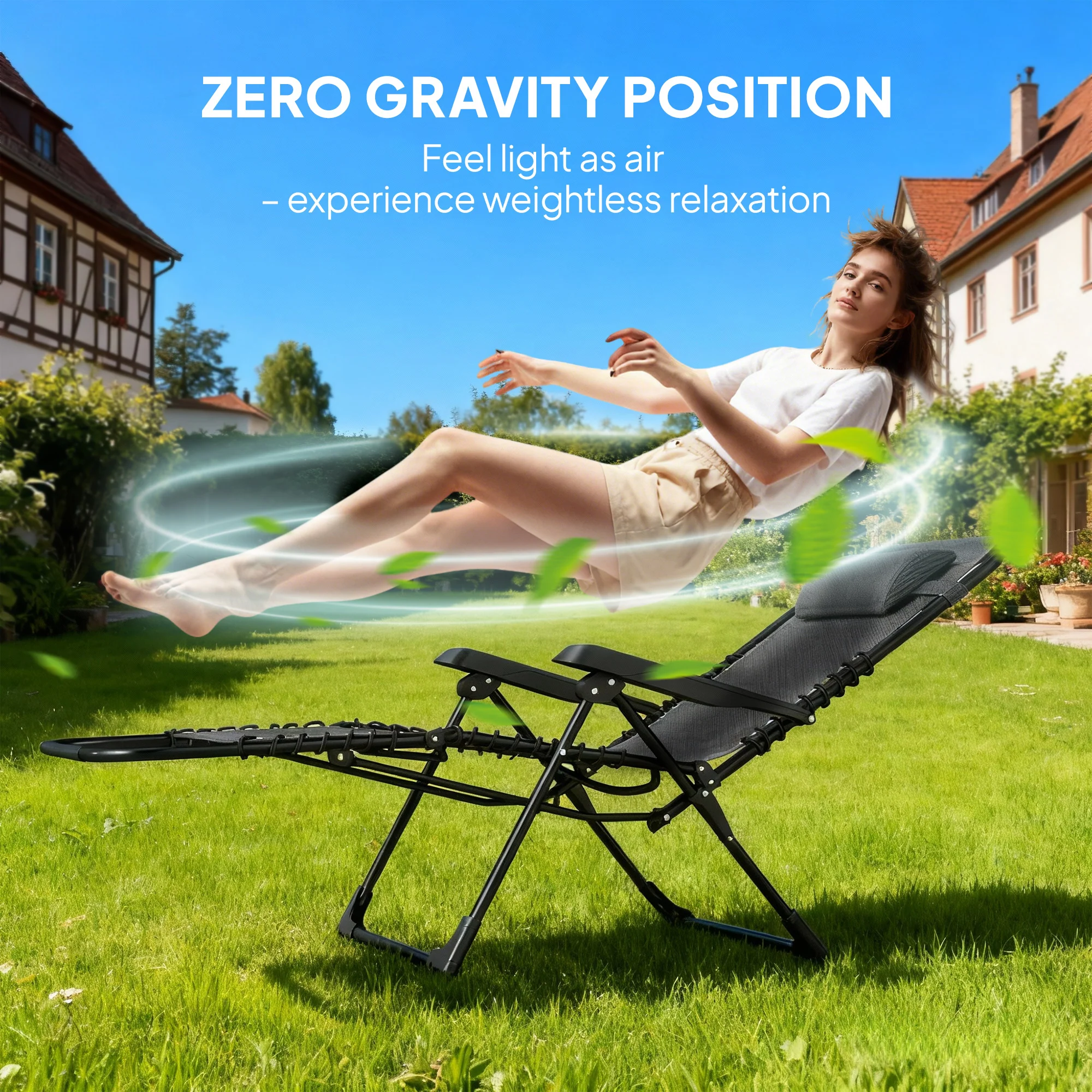 Folding Zero Gravity Chair, 5-Position Adjustable Outdoor Lounge Chair Recliner with Headrest, Black - Image 6