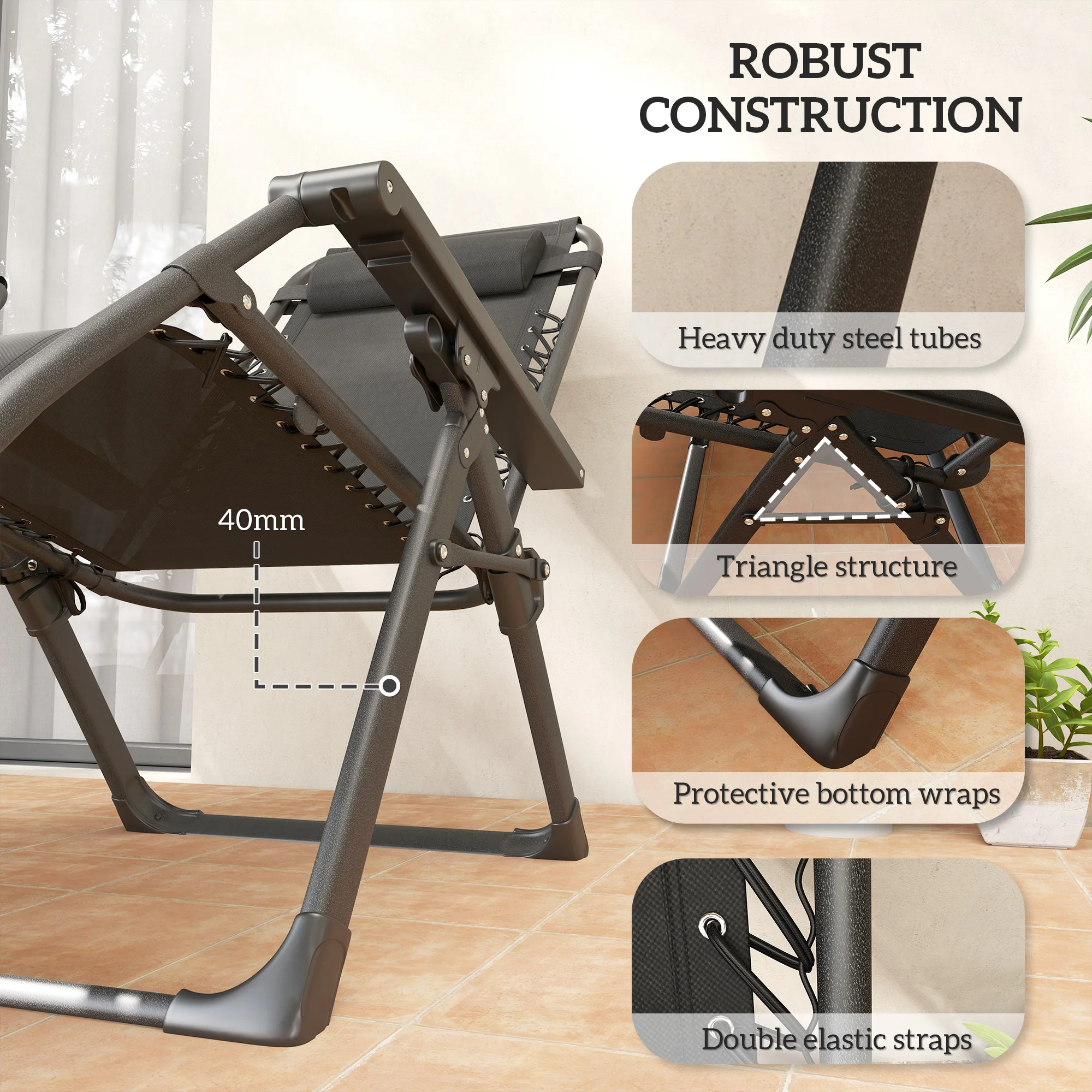 2 Piece Zero Gravity Folding Reclining Chair w/ Cushion, Headrest & Cupholder, Black - Image 10