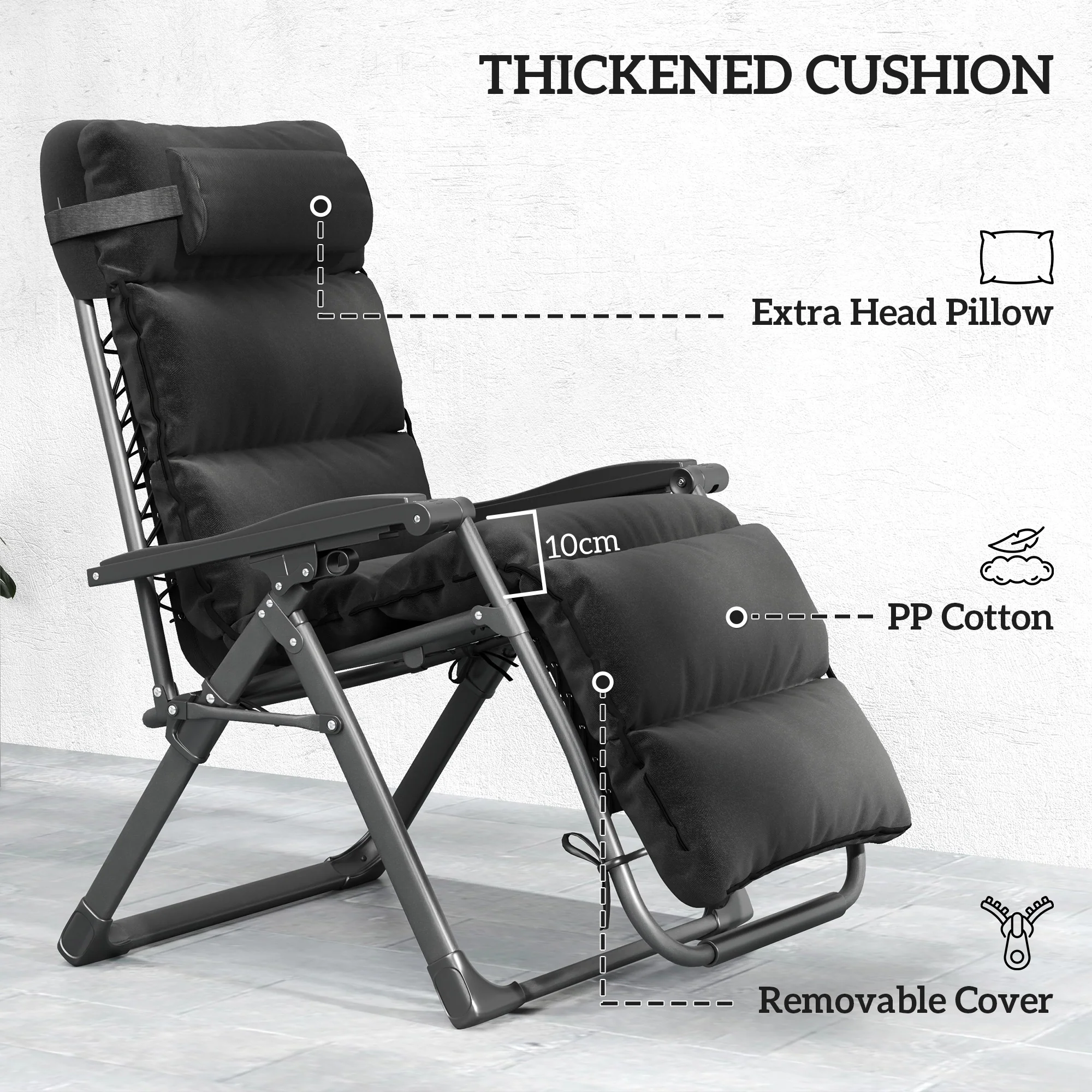 2 Piece Zero Gravity Folding Reclining Chair w/ Cushion, Headrest & Cupholder, Black - Image 8