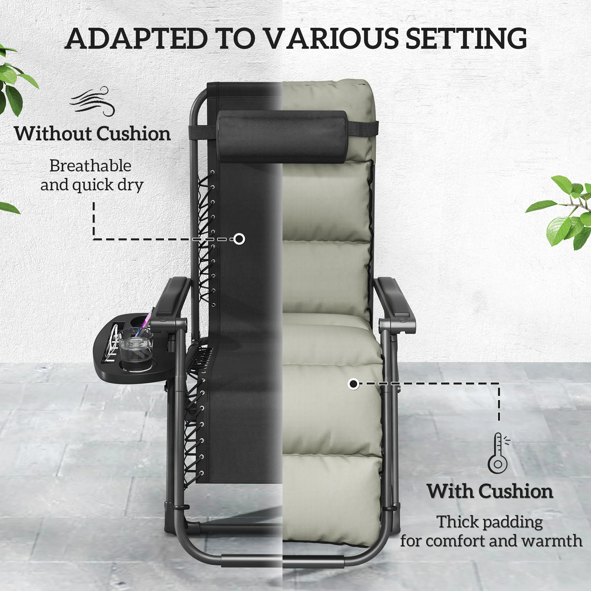 2 Piece Zero Gravity Folding Reclining Chair w/ Cushion, Headrest & Cupholder, Grey - Image 7