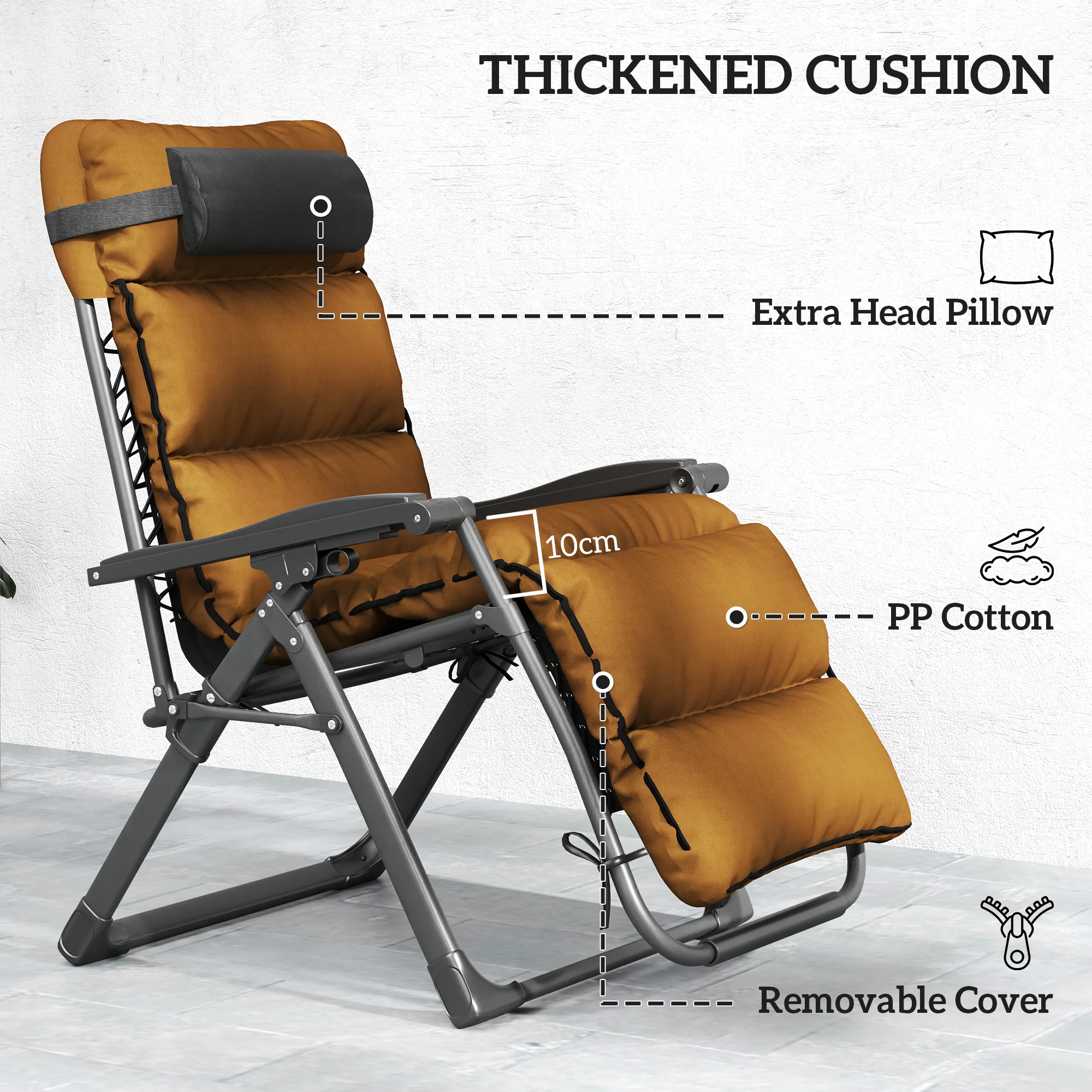 2 Piece Zero Gravity Folding Reclining Chair w/ Cushion, Headrest & Cupholder, Brown - Image 8