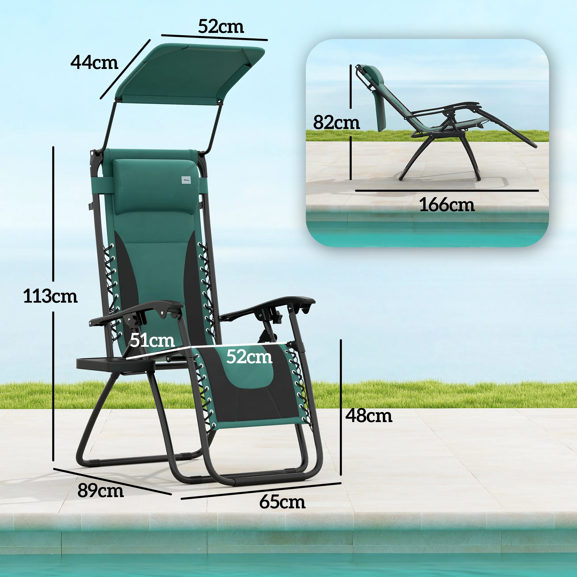 Zero Gravity Folding Reclining Chair w/ Shade Cover, Padded Seat & Cupholder, Green - Image 5