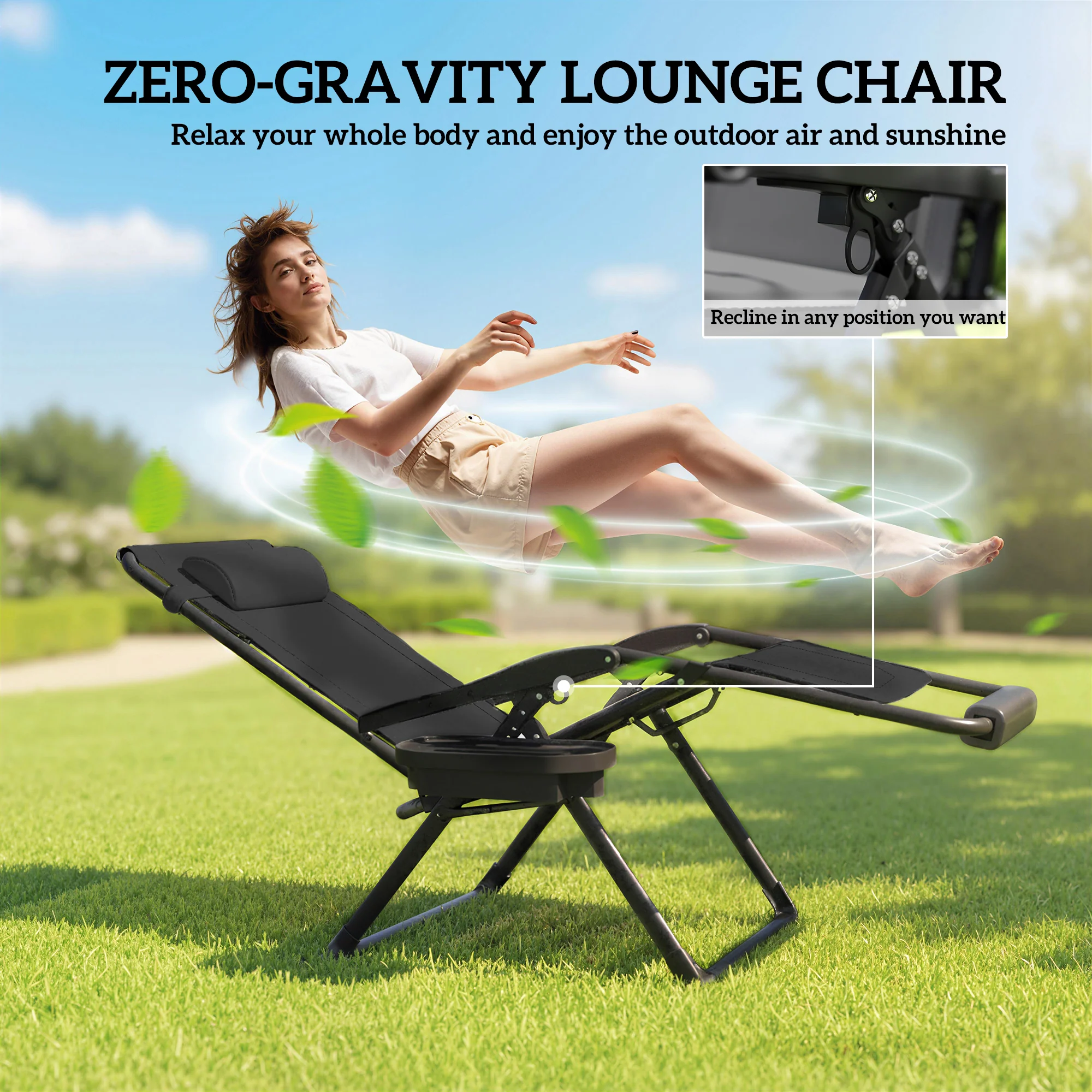 Zero Gravity Chair, Reclining Outdoor Lounger Chair with Cup Holder, 400 LBS Capacity, Black - Image 6