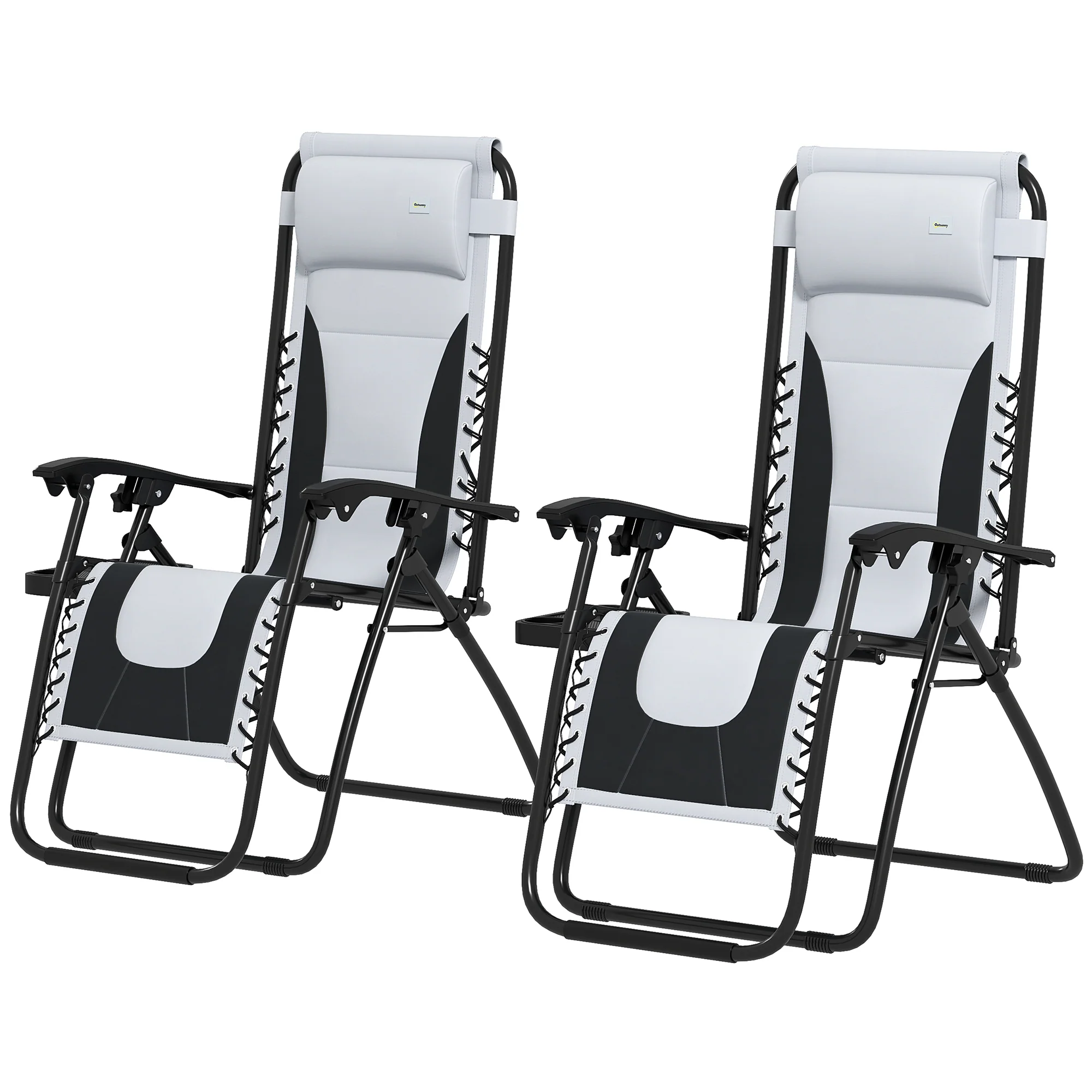 2 Piece Zero Gravity Folding Reclining Chair w/ Padded Seat, Headrest & Cupholder, Grey - Image 2