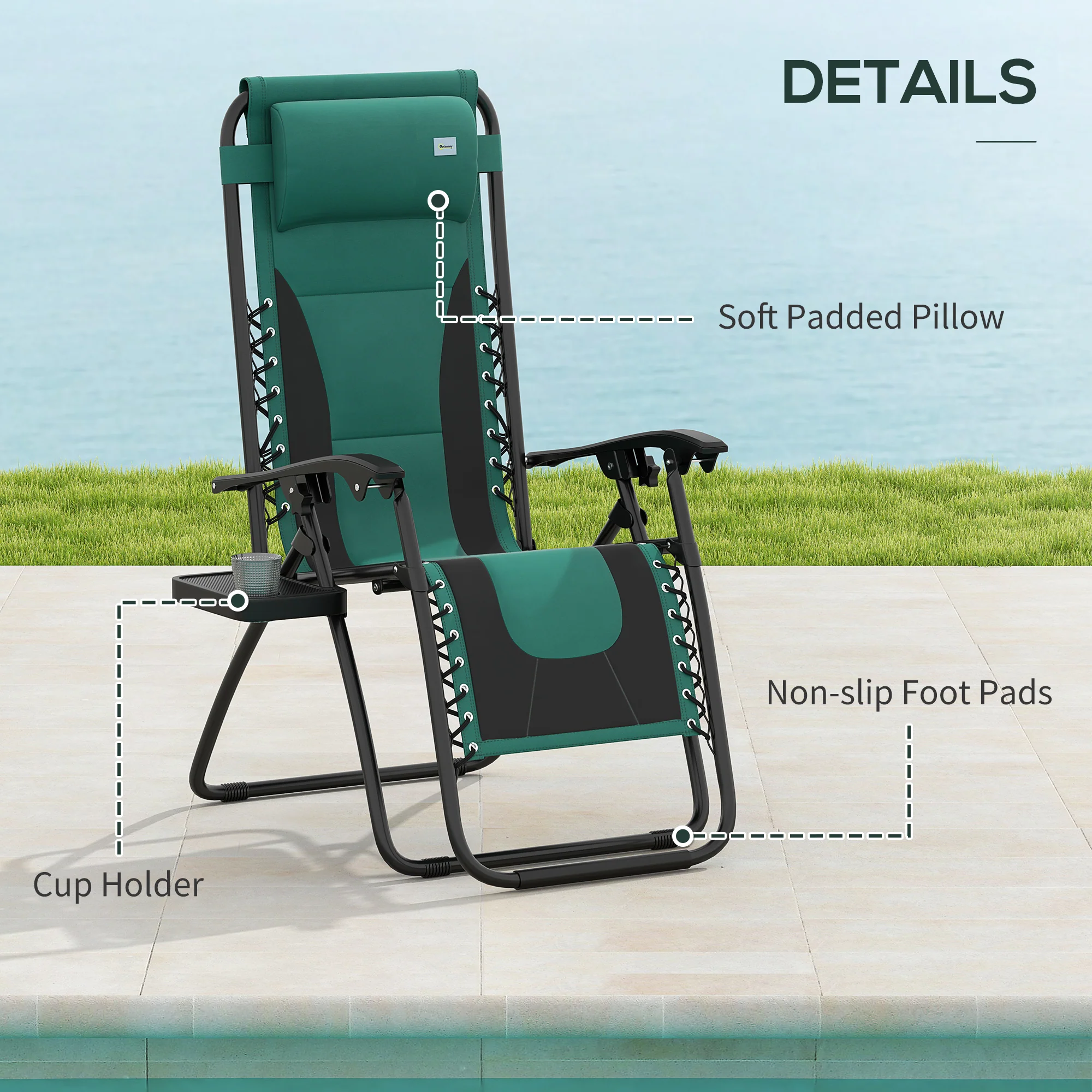 2 Piece Zero Gravity Folding Reclining Chair w/ Padded Seat, Headrest & Cupholder, Green - Image 9