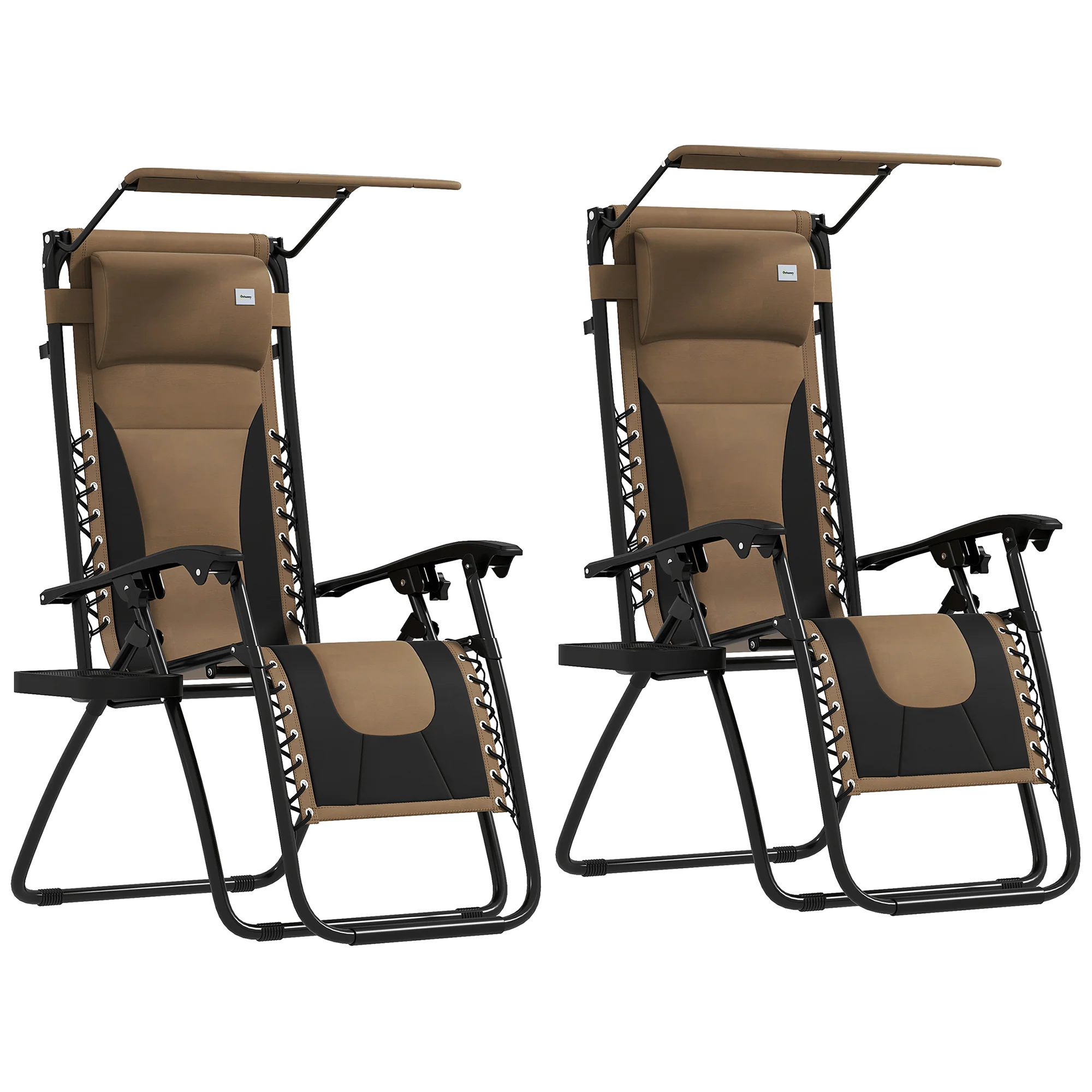 2 Piece Zero Gravity Folding Reclining Chair w/ Shade Cover, Padded Seat & Cupholder, Coffee - Image 2