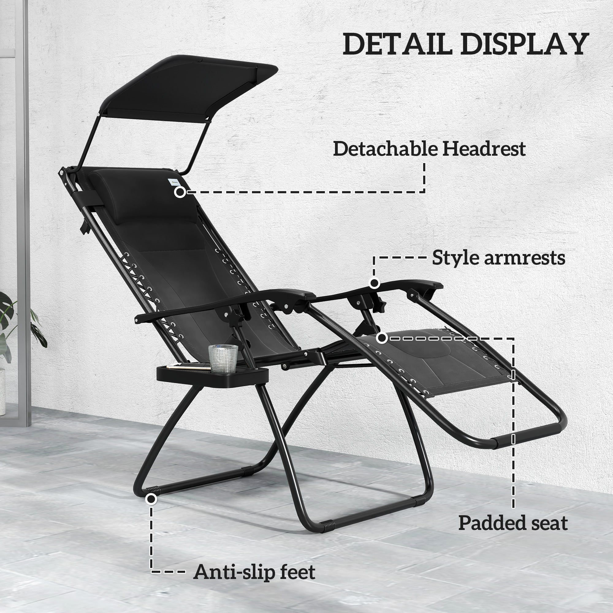 2 Piece Zero Gravity Folding Reclining Chair w/ Shade Cover, Padded Seat & Cupholder, Black - Image 7